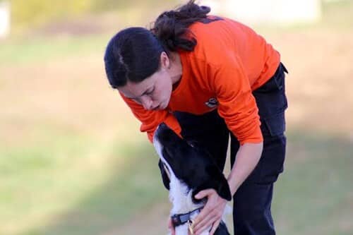 Female dog parent in orange shirt leans down to praise her black and white rescue dog.