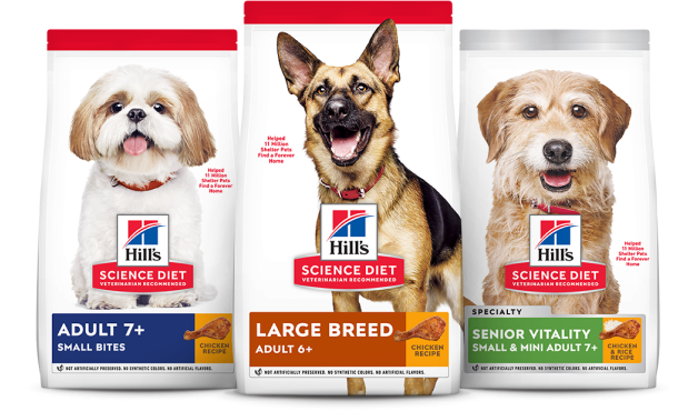 Embalagens de alimentos Hill's Science Diet para raças de diferentes tamanhos