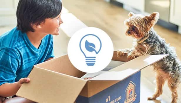 Um menino e um cachorro olhando para uma caixa Hill's reciclável com um ícone de redução de resíduos