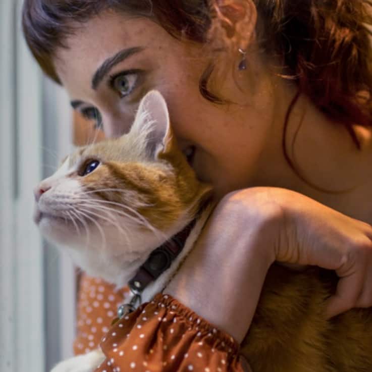 Mulher de suéter laranja segurando um gato de estimação